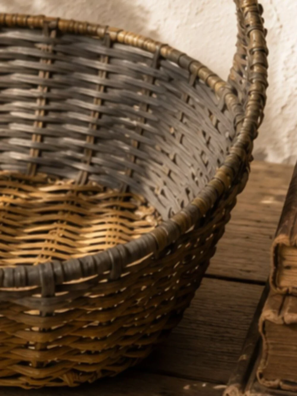 Vintage Woven Wicker & Metal Hanging Wall Basket with Sculptural Handle